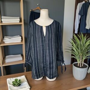 Ellen Tracy 100% Linen Striped Blouse – Navy Blue Tie-Sleeve Top – Lightweight